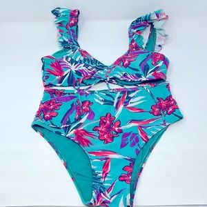 Beach Joy Teal Pink Tropical Floral Ruffle Bikini Swimsuit Size Small